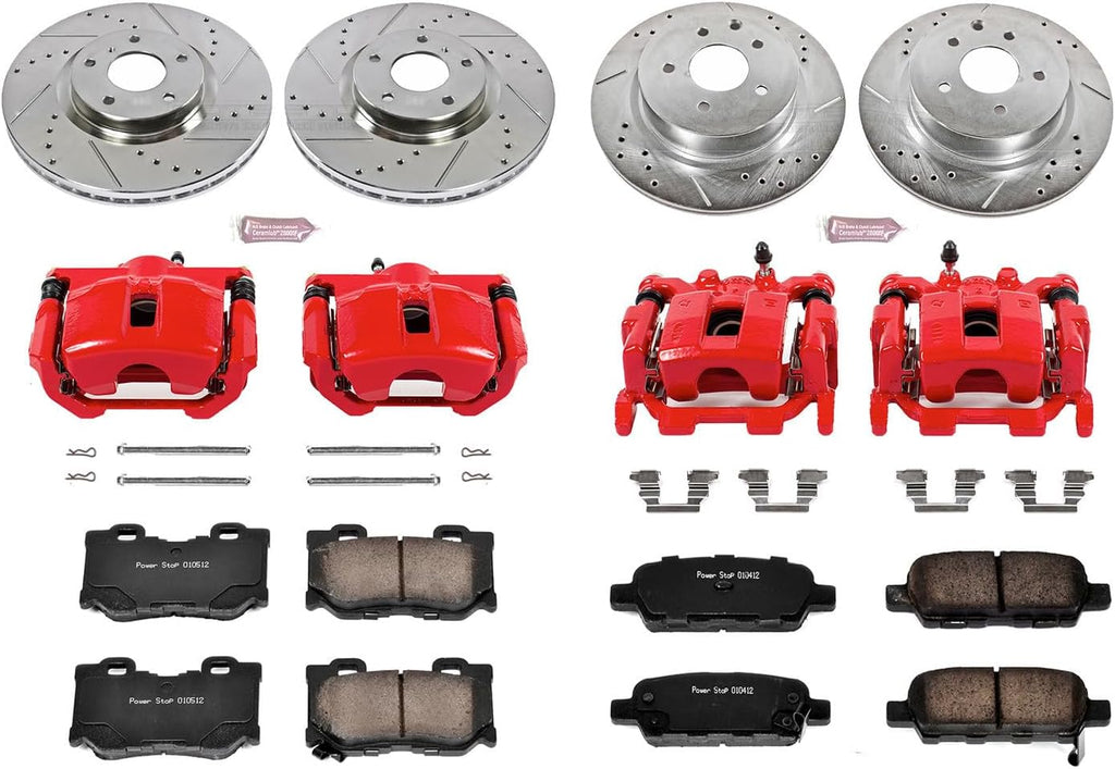 PowerStop Front and Rear Brake & Caliper Kit for Nissan Maxima 2009-14 - Carbon-Fiber Ceramic Brake Pads + Drilled & Slotted Rotors + Red Powder Coated Calipers, KC6075