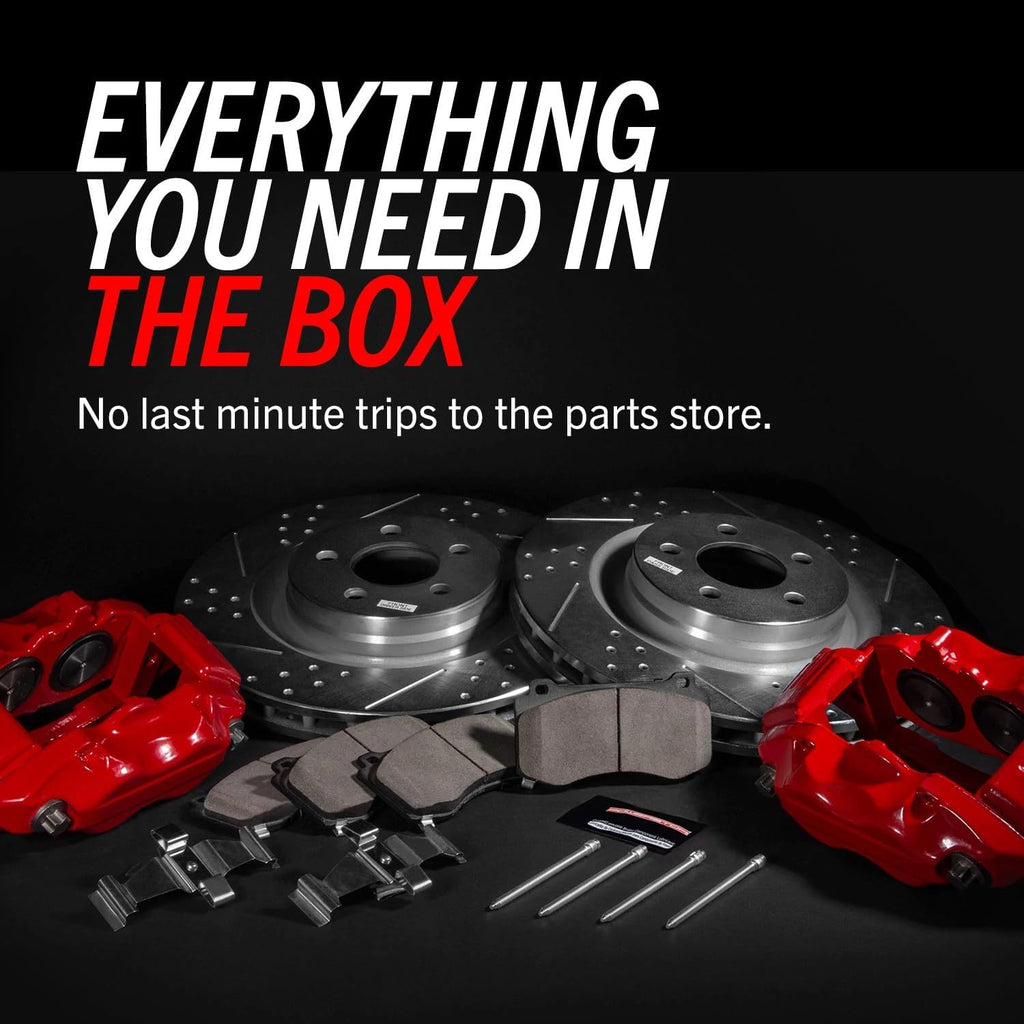 PowerStop Front and Rear Brake Kit for Chrysler 300 2012-21 |Dodge Challenger 2012-20 - Carbon-Fiber Ceramic Brake Pads + Drilled & Slotted Rotors + Red Powder Coated Calipers, KC2853A