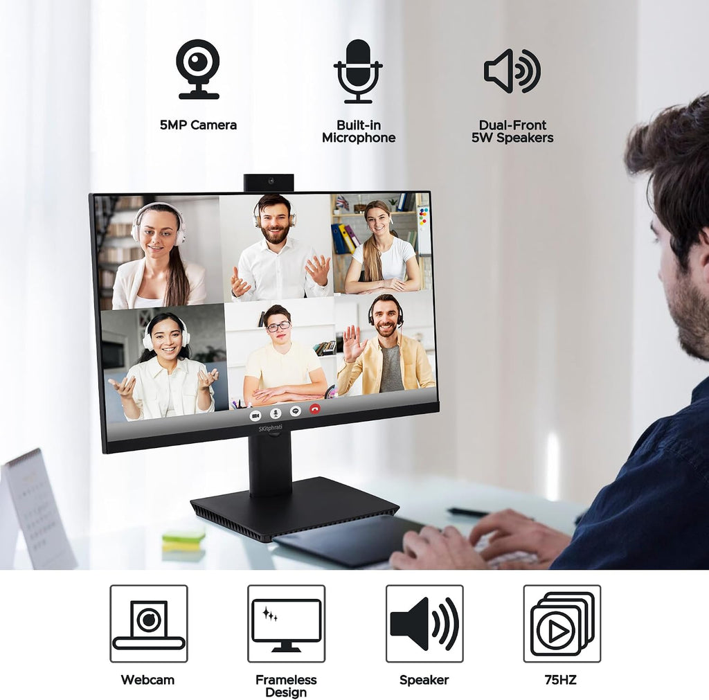 SKitphrati 27'' Business Webcam Monitor, 1080P IPS 120HZ, Video Conference Monitor - Built-in Adjustable 3MP Webcam, Mic Array, Speakers, Eye Care, Frameless, HDMI, DisplayPort, VGA, USB 2.0