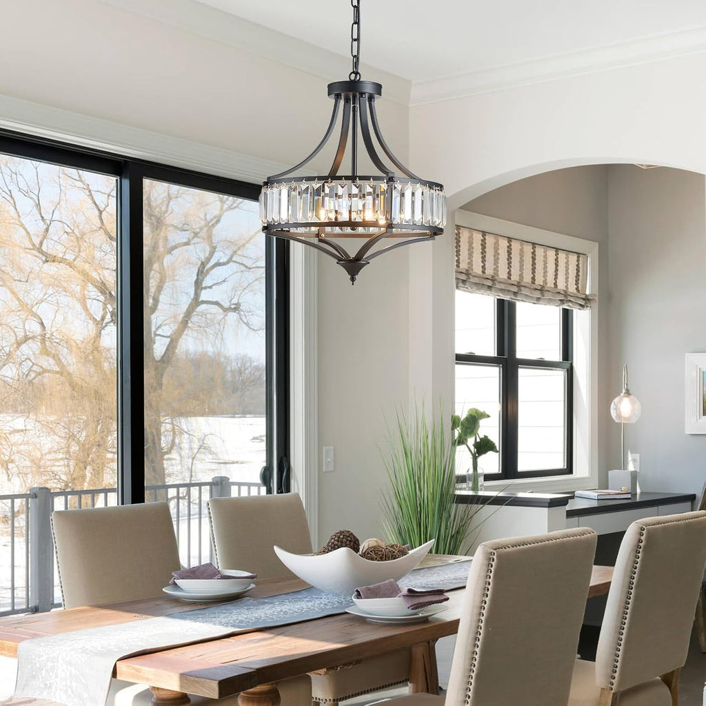 Black Crystal Chandeliers for Dining Room, Round Rustic Farmhouse Chandelier with Metal Shade 4-Light Modern Pendant Lighting for Hallway, Bedroom, Foyer