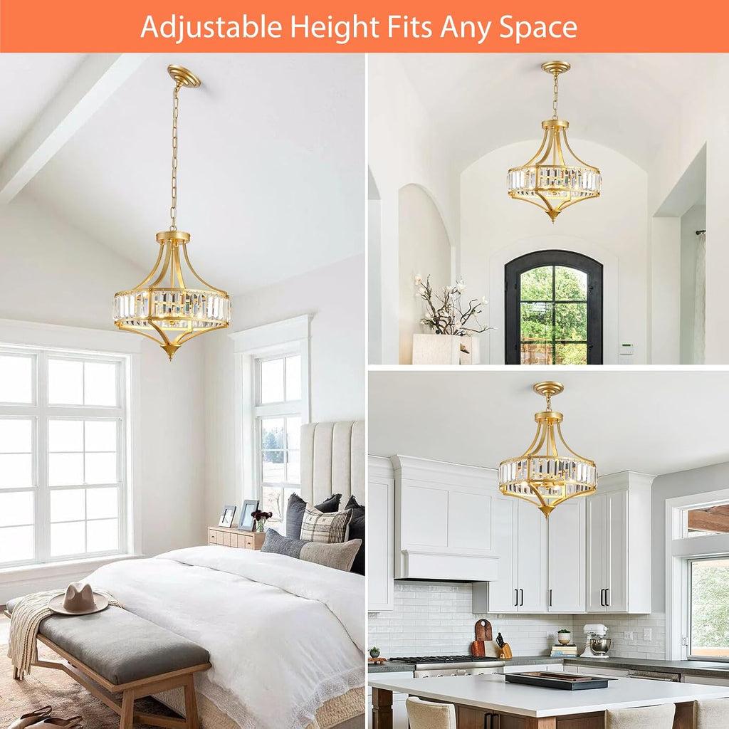 Gold Chandeliers for Dining Room Modern Round Crystal 4 Lights Rustic Pendant Lighting Fixture with Metal Lampshade for Living Room Hallway Bedroom Foyer