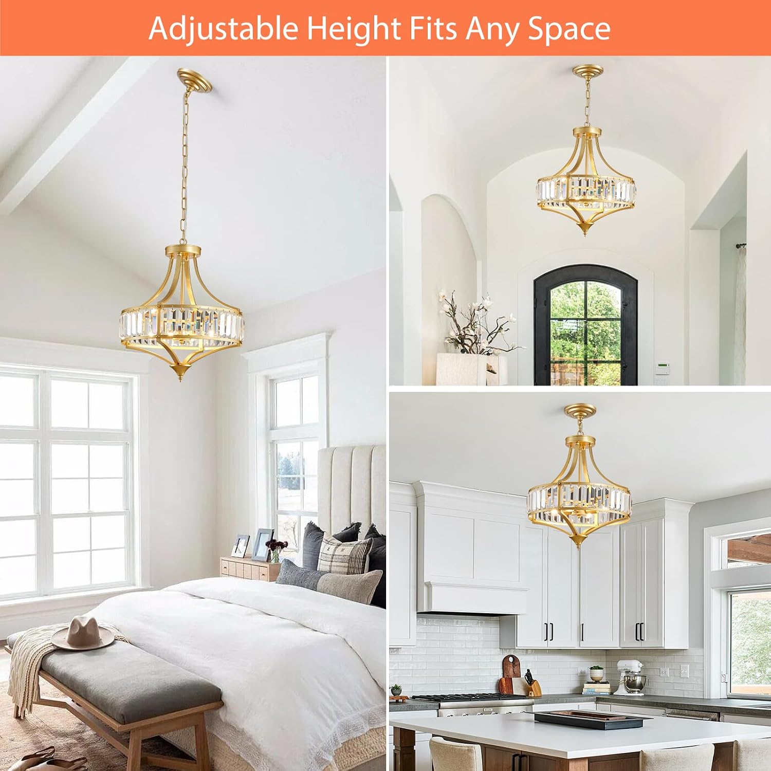 Gold Chandeliers for Dining Room Modern Round Crystal 4 Lights Rustic Pendant Lighting Fixture with Metal Lampshade for Living Room Hallway Bedroom Foyer