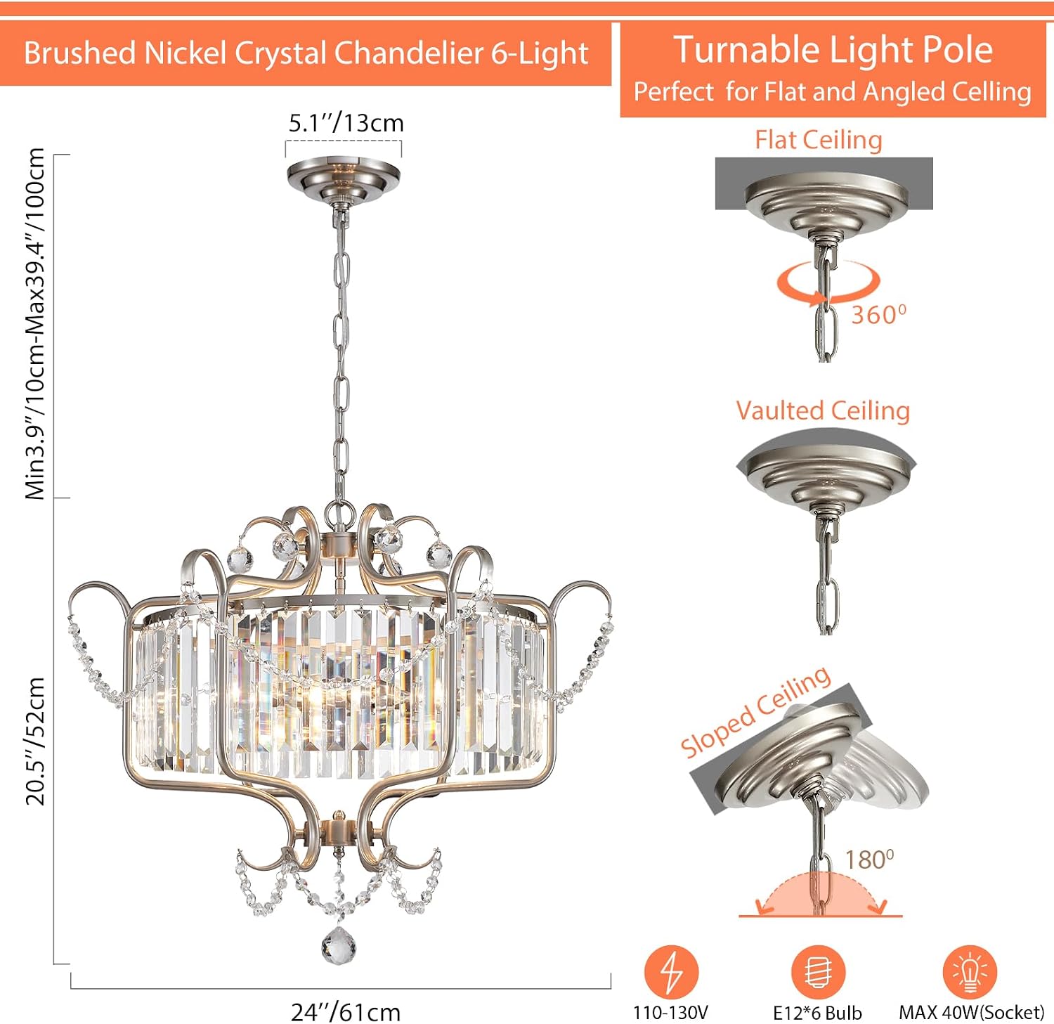 Modern Crystal Chandelier for Dining Room 24' Brushed Nickel Light Fixtures 6-Light Farmhouse Pendant Lighting for Kitchen Island Bedroom Hallway Entryway