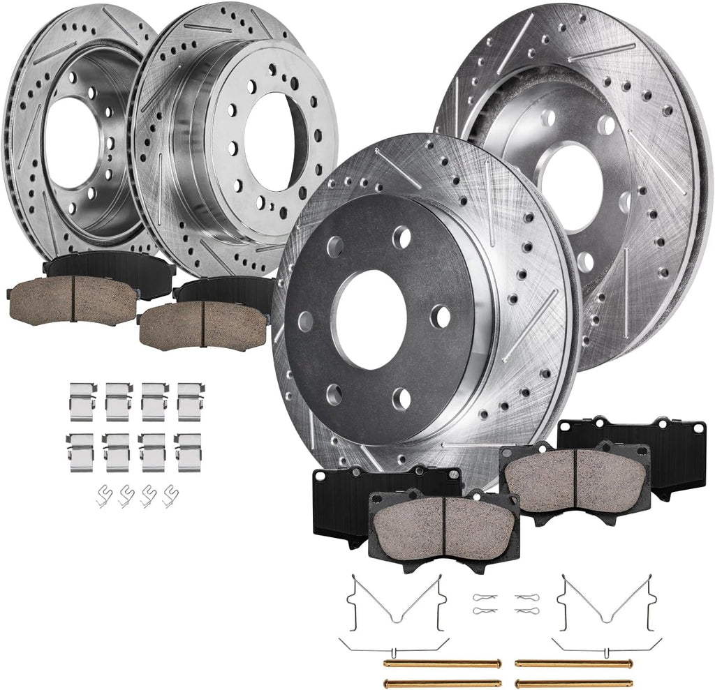 Detroit Axle - Brake Kit for 01-07 Toyota Sequoia Drilled Slotted Disc Brake Rotors 2001 2002 2003 2004 2005 2006 2007 Ceramic Brakes Pads Replacement : 12.56 inch Front & 12.28 inch Rear Rotor