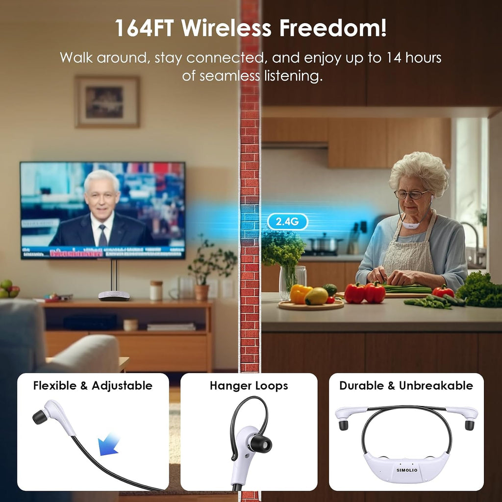 SIMOLIO 2.4G Digital TV Wireless Headphones with Spare Battery for Seniors, Dialog Clarity Wireless Headphones for TV Watching with Tone & Balance Control, Support Optical/RCA/AUX, 164ft, No Delay