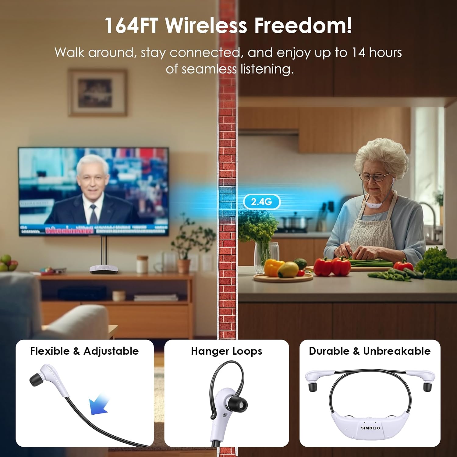 SIMOLIO 2.4G Digital TV Wireless Headphones with Spare Battery for Seniors, Dialog Clarity Wireless Headphones for TV Watching with Tone & Balance Control, Support Optical/RCA/AUX, 164ft, No Delay