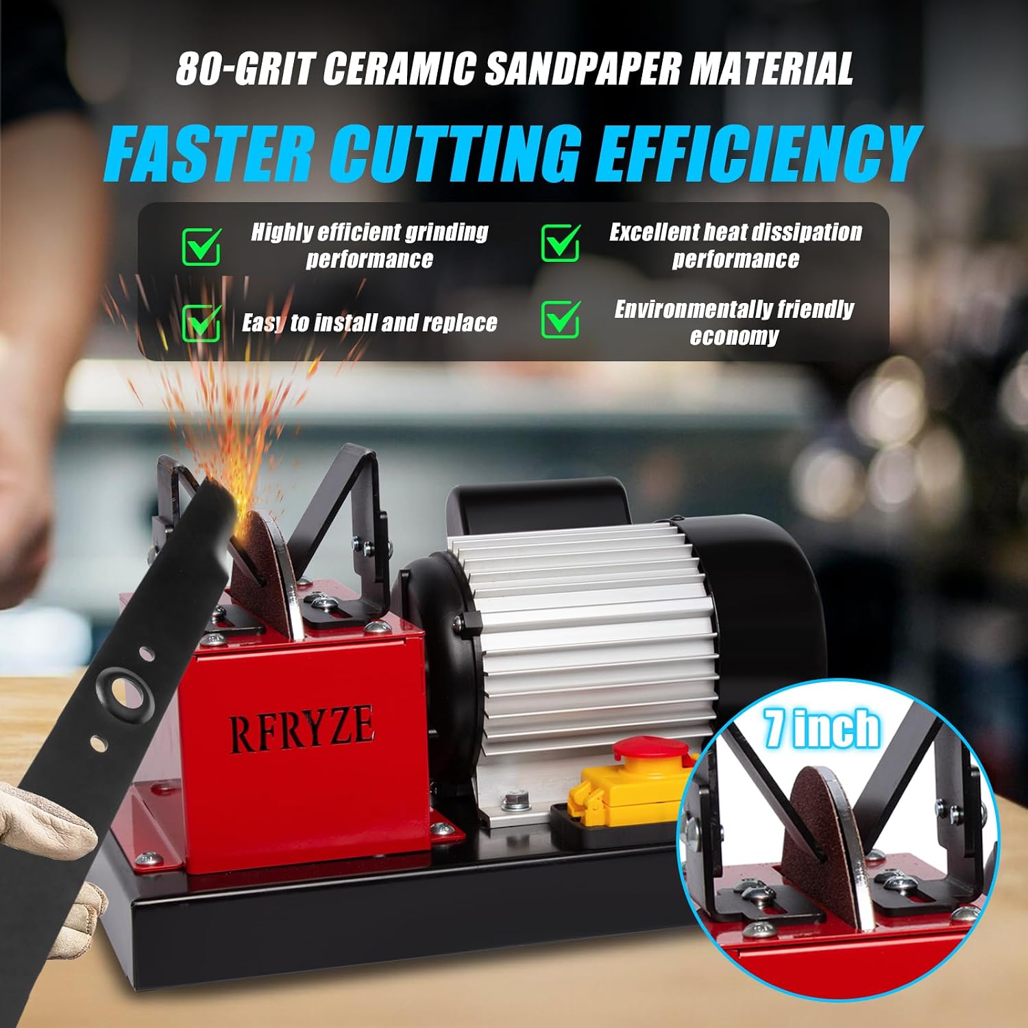 Lawnmower Blade Sharpener TD7550-550W, 3/4HP, Bench Mower Sharpening Machine with 7 inch Ceramic Grinding Wheel & 2 pcs Rust Removal Wheel | 16 pcs Sandpaper