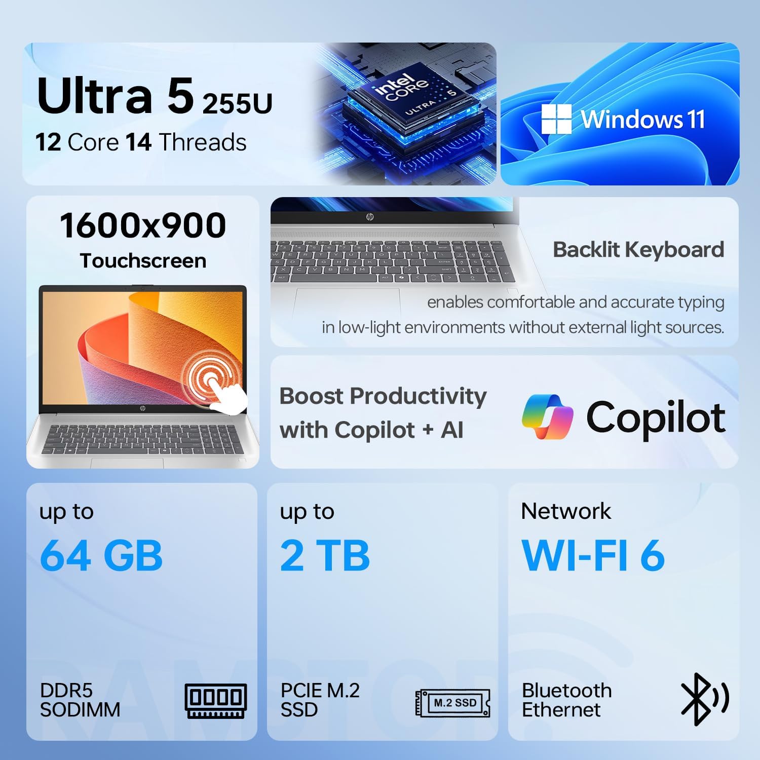 HP 17.3' Touchscreen Business Copliot AI Laptop, Intel Core Ultra 5 225U, 16GB DDR5 RAM, 1TB SSD, Wi-Fi 6, Win11 Home, Backlit Keyboard &Numeric Keypad, Webcam, Fingerprint Reader, Battery Fast charge