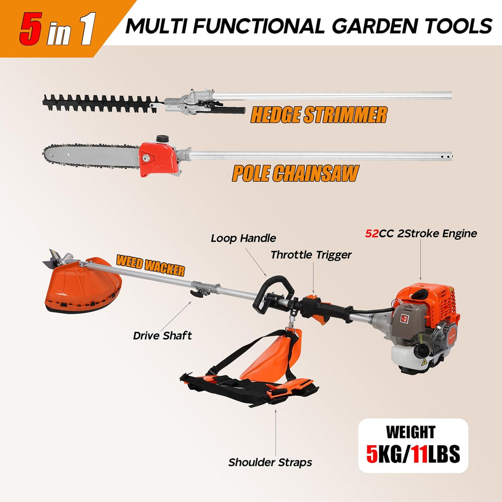 5 in 1 Gas Weed Eater, 52cc 2-Cycle Grass Trimmer & Hedge Trimmer, Brush Cutter, Weed Wacker Gas Powered, Pole Saw with Extension Pole, String Trimmer for Home, Garden, Lawn Care (Red)