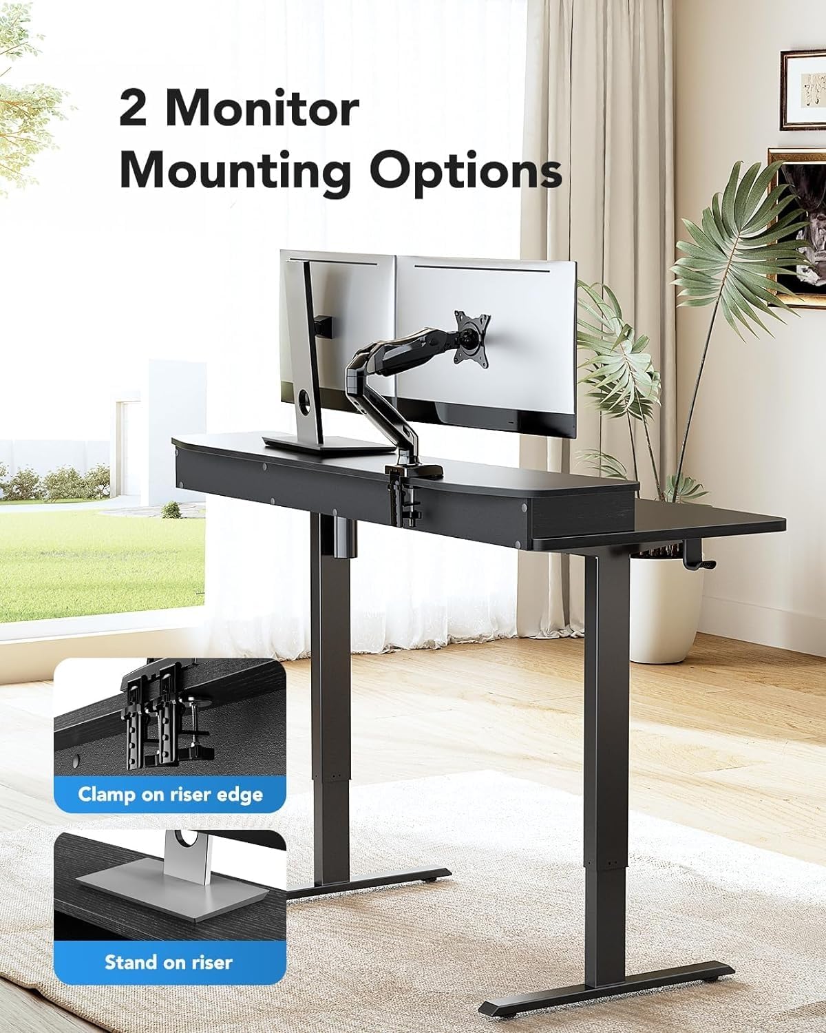 HUANUO 55' x 26' Electric Standing Desk with 2 Drawers & 26.7' Large Keyboard Tray, C-Clamp Mount Compatible, Adjustable Computer Desk for Home Office, Stand Up Desk with 4 Height Presets, Black