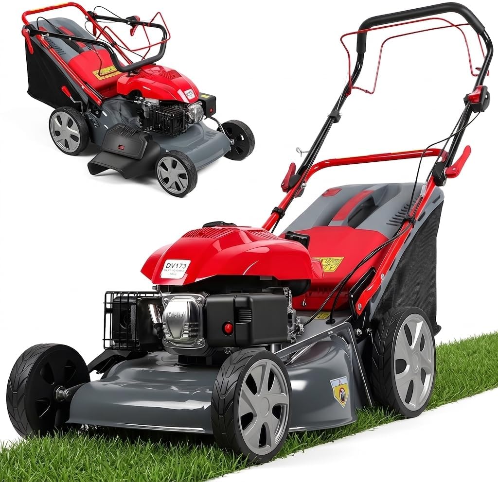 173cc Gas Lawn Mower, Self-Propelled Rear Wheel Drive, Adjustable 3-Speed Settings, 20' Cutting Width, 60L Grass Catcher, Ideal for Large Lawns, Easy Start & Efficient Grass Collect Red