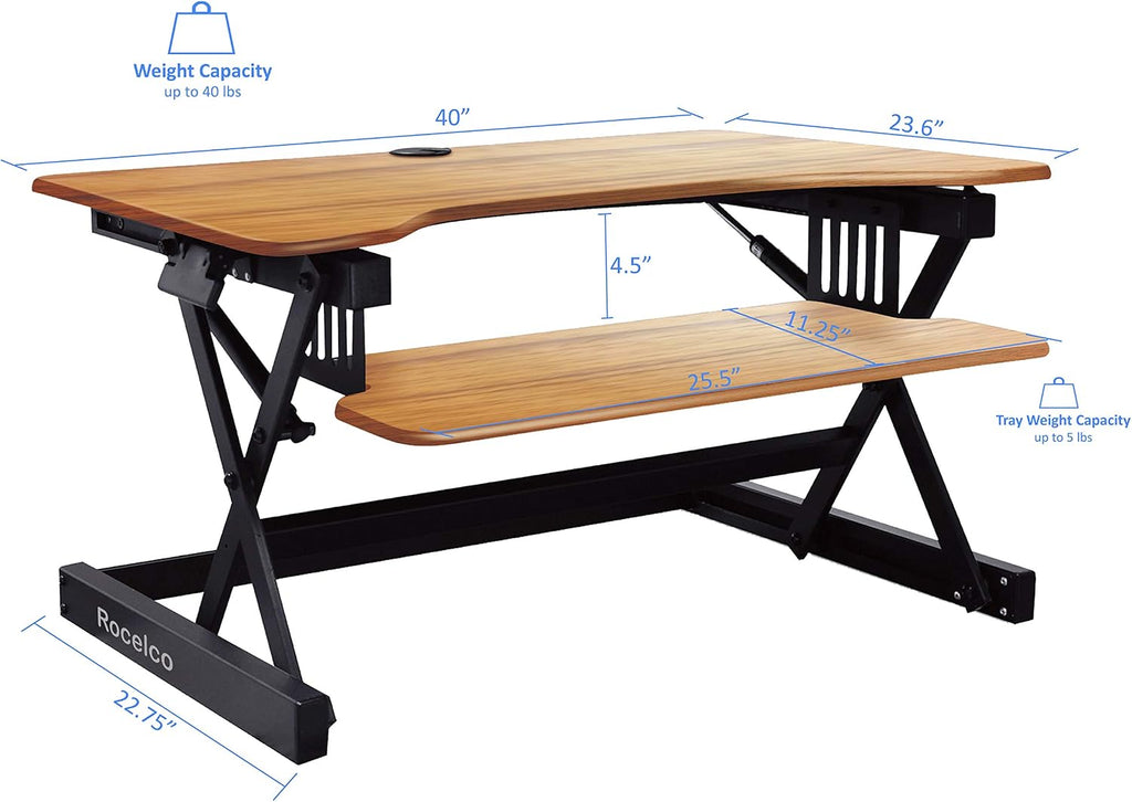 Rocelco 40' Large Height Adjustable Standing Desk Converter - Quick Sit Stand Up Dual Monitor Riser - Gas Spring Assist Computer Workstation - Retractable Keyboard Tray - Teak Wood Grain (R DADRT-40)