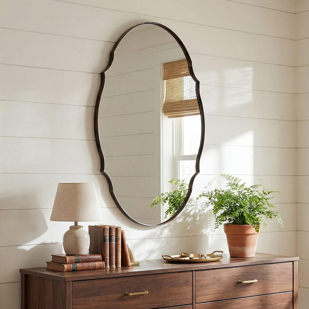 ANDY STAR Bronze Scalloped Mirror 24x36, Brushed Bronze Bathroom Mirror for Over Sink, Stainless Steel Oval Wall Mirror, Vintage Farmhouse Decor for Vanity, Entryway, Rust-Resistant
