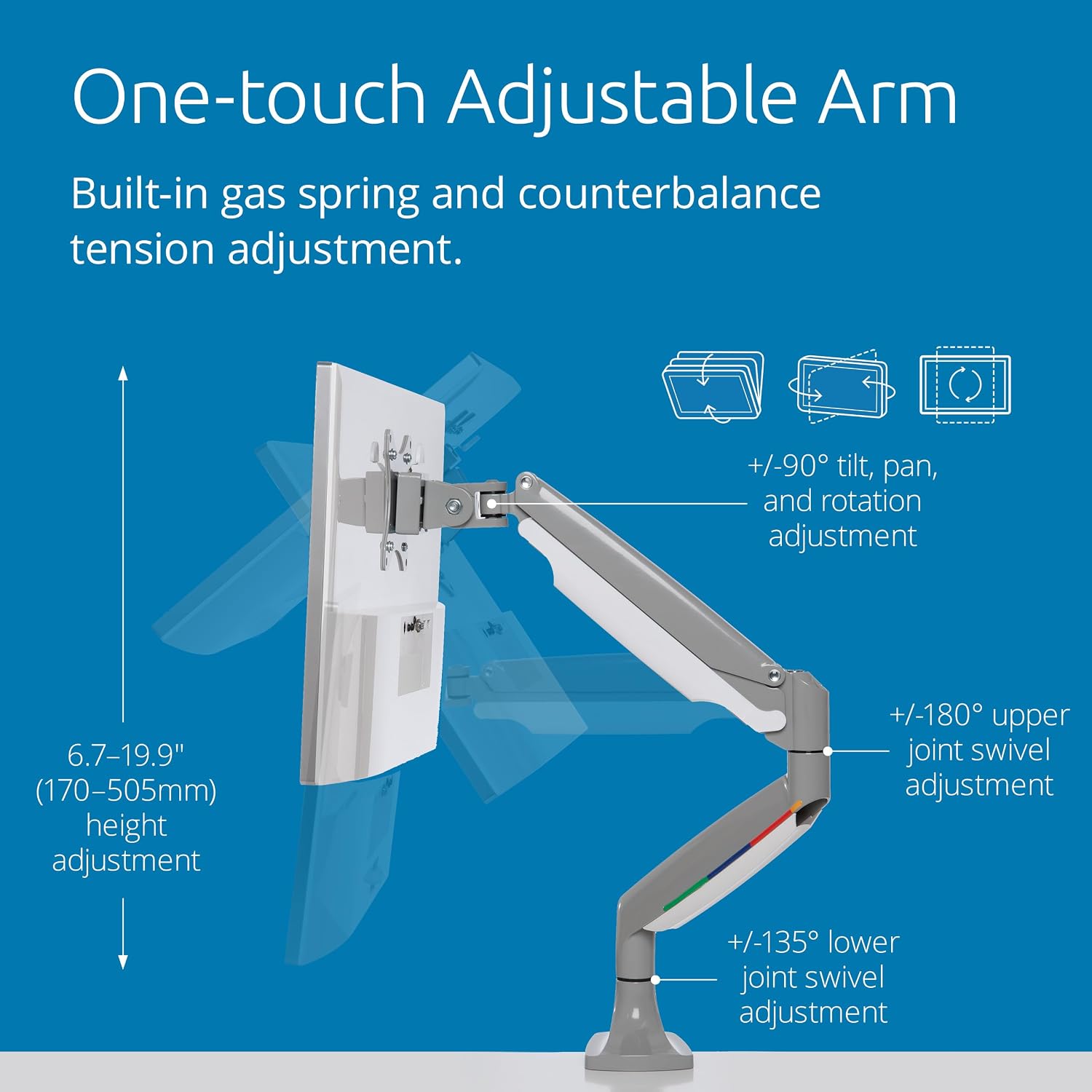 Kensington SmartFit One-Touch Monitor Arm – Height Adjustable Gas Spring for Single Monitor, 13″–32″, 360° Rotation, ±90° Tilt, Cable Management – White (K55470WW)