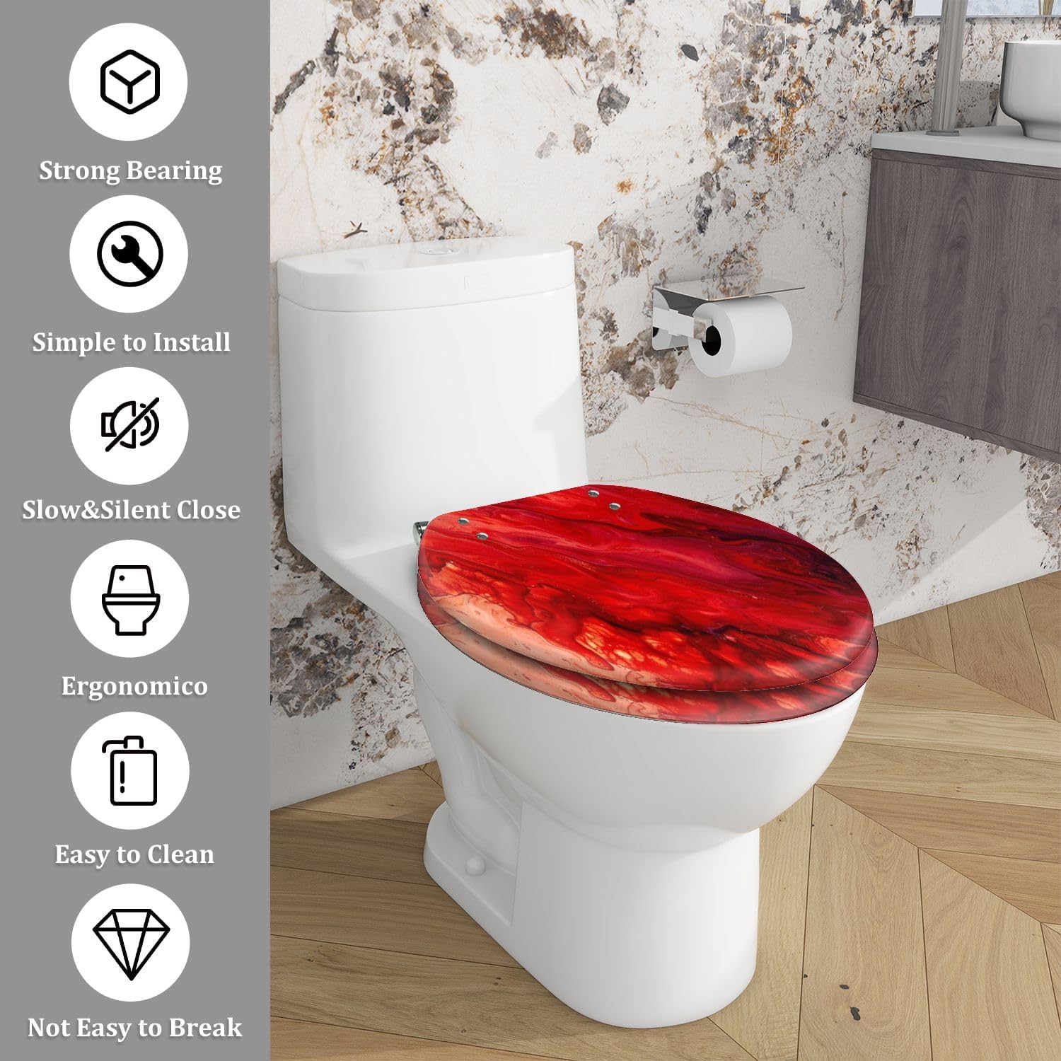 Elongated Toilet Seat abstract red paint acrylic marble mix Resin Toilet Seat Quietly Close Quick Release Hinges Decorative Toilet Seat with Cover Easy to Install, Style 6