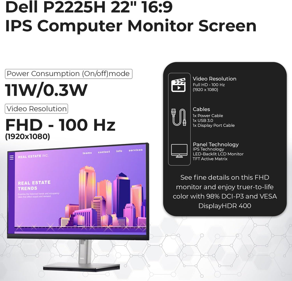 Dell P2225H 22' 16:9 IPS Computer Monitor Screen with DisplayPort and USB 3.0 Upstream Cables with Power Cord + USB 3.0 Upstream + Display Port + HDMI + Microfiber Cloth (Renewed)