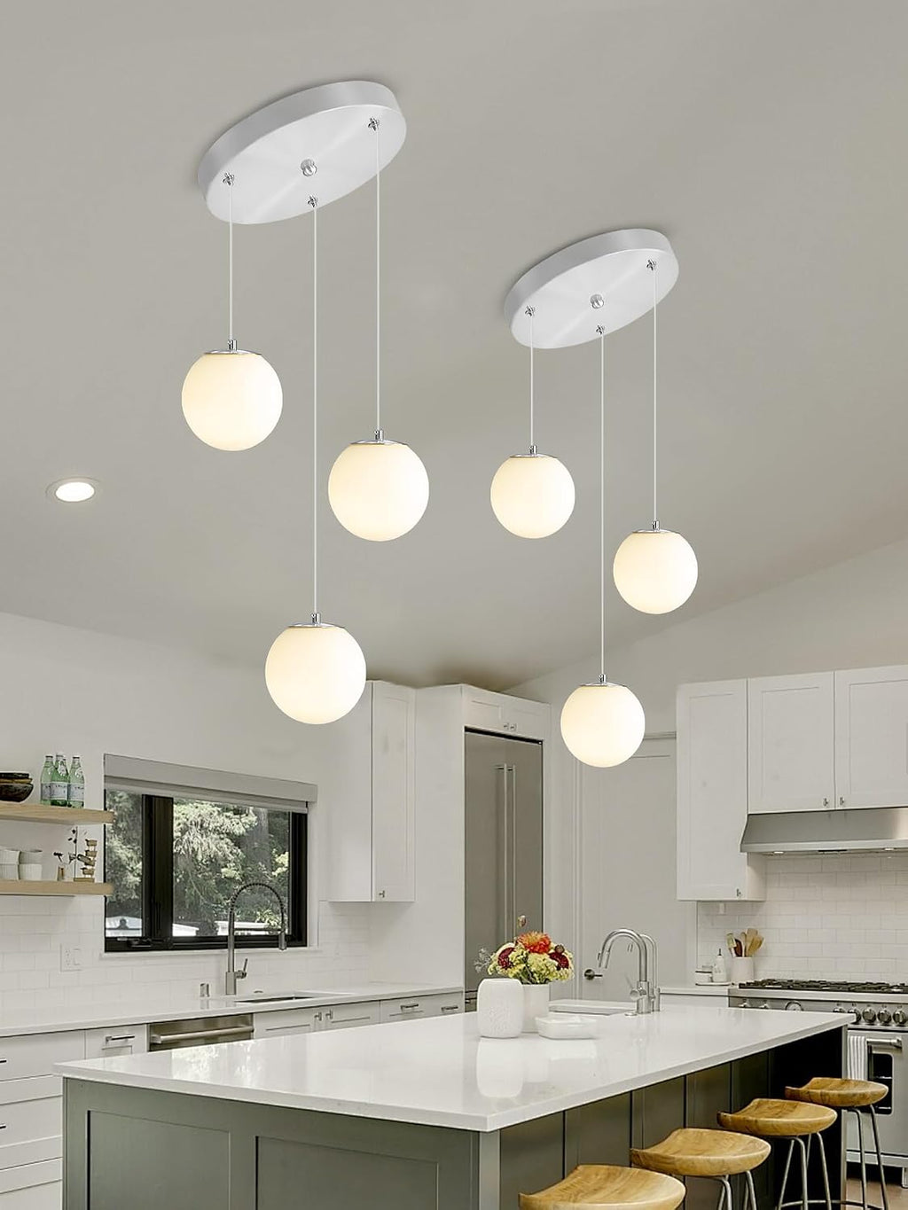 ykolupty 3-Light Globe Pendant Light for Kitchen Island Silver Pendant Light Fixtures with White Glass Globe Hanging Lights for Bedroom,Hallway,Bar