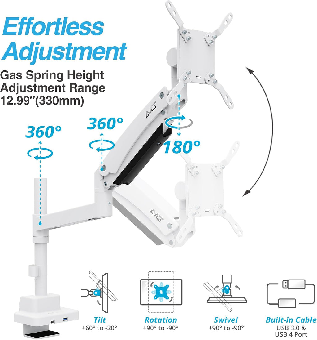 AVLT Single 57 Inch Heavy Duty Monitor Arm Pole Top Mount with USB-C&A Ports-White, Height Adjustable, Easy Install Top C-Clamp/Grommet with Reinforcement Plates, VESA Compatible 200/100/75