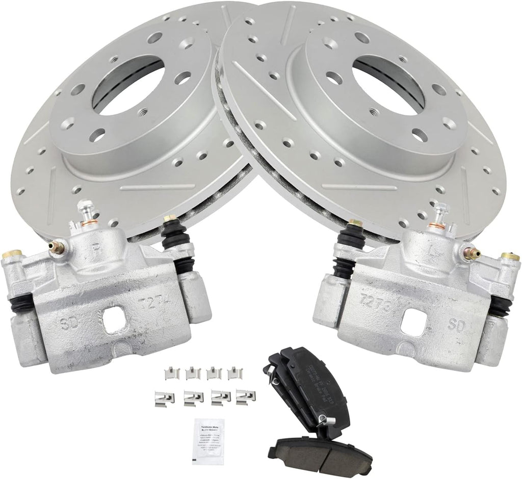 TRQ Performance Front Brake Pad and Rotor Set Ceramic Drilled Slotted Coated Vented Rotors Calipers Compatible with 1990-2000 Honda Civic 1993-1997 Civic del Sol 1990-1991 CRX