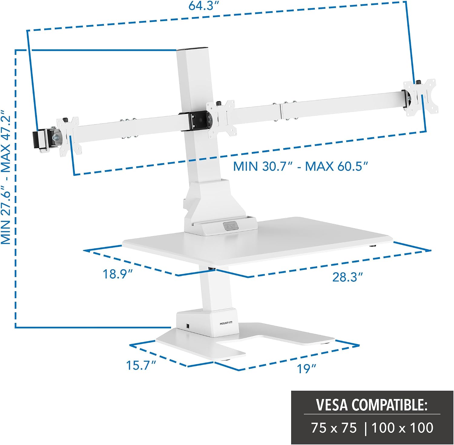 Mount-It! Triple Monitor Electric Standing Desk Converter - 3 Monitor Standing Desk is Height Adjustable, Sit-Stand Converting Desk for Home, Office Monitor Mounts Fits Screens up to 32' White