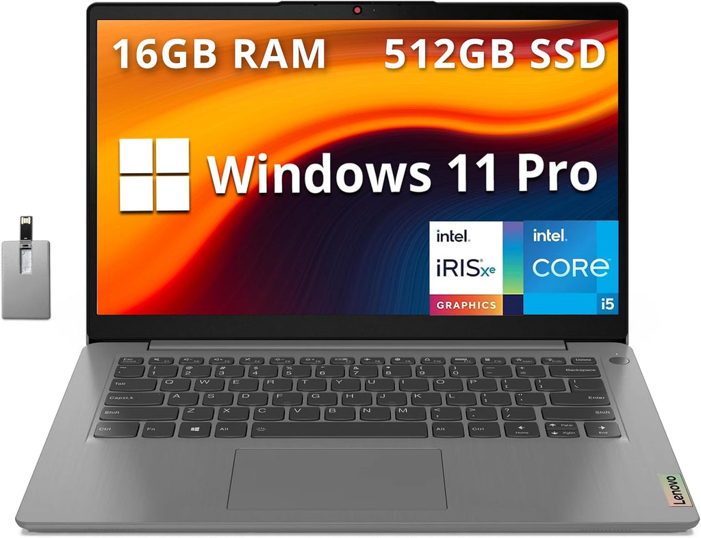 Lenovo IdeaPad 14' FHD Business Laptop, Intel Core i5-1155G7, 16GB RAM, 512GB PCIe SSD, Intel Iris Xe Graphics, Fingerprint Reader, WiFi 6, HD Webcam, Win 11 Pro, Grey, 32GB Hotface USB Card