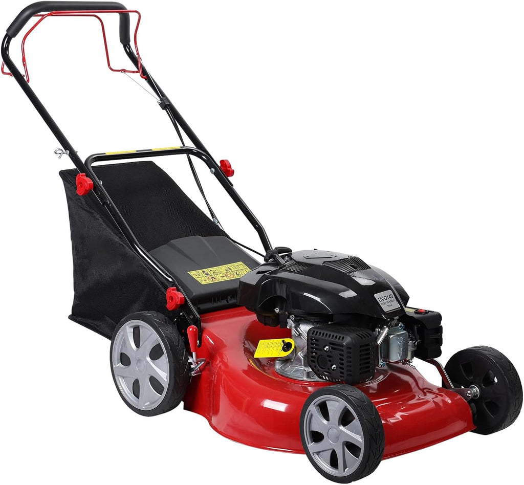 Lawn Mower Push Mower 141cc Gas Lawn Mower Cordless Lawn Mower Self Propelled Lawn Mower Push Lawn Mower 4-Stroke Lawn Mower Gas with 50L Grass Tank, Big Wheels Blade Size 20 Inches Red