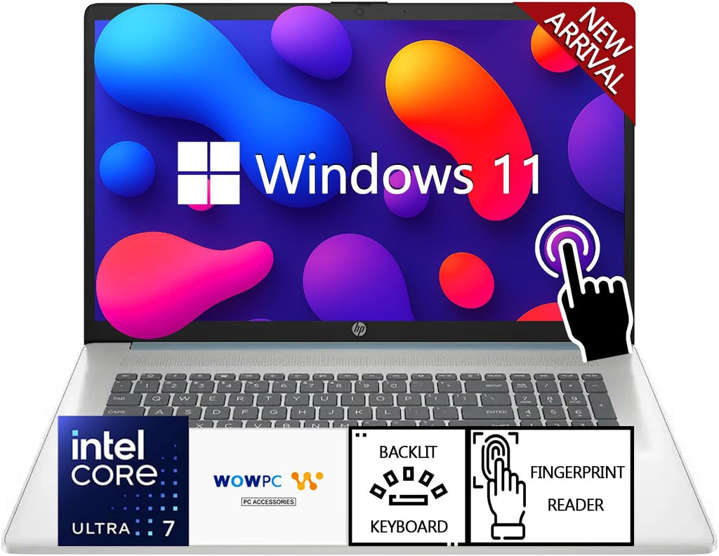 HP 17 Business Laptop with Touchscreen & Backlit Keyboard, Intel Core Ultra 7 255U 12-Core Processor(Up to 5.2GHz), Intel AI Boost, Fingerprint, 8GB RAM, 256GB SSD, Windows 11, WOWPC USB w/o Earbuds