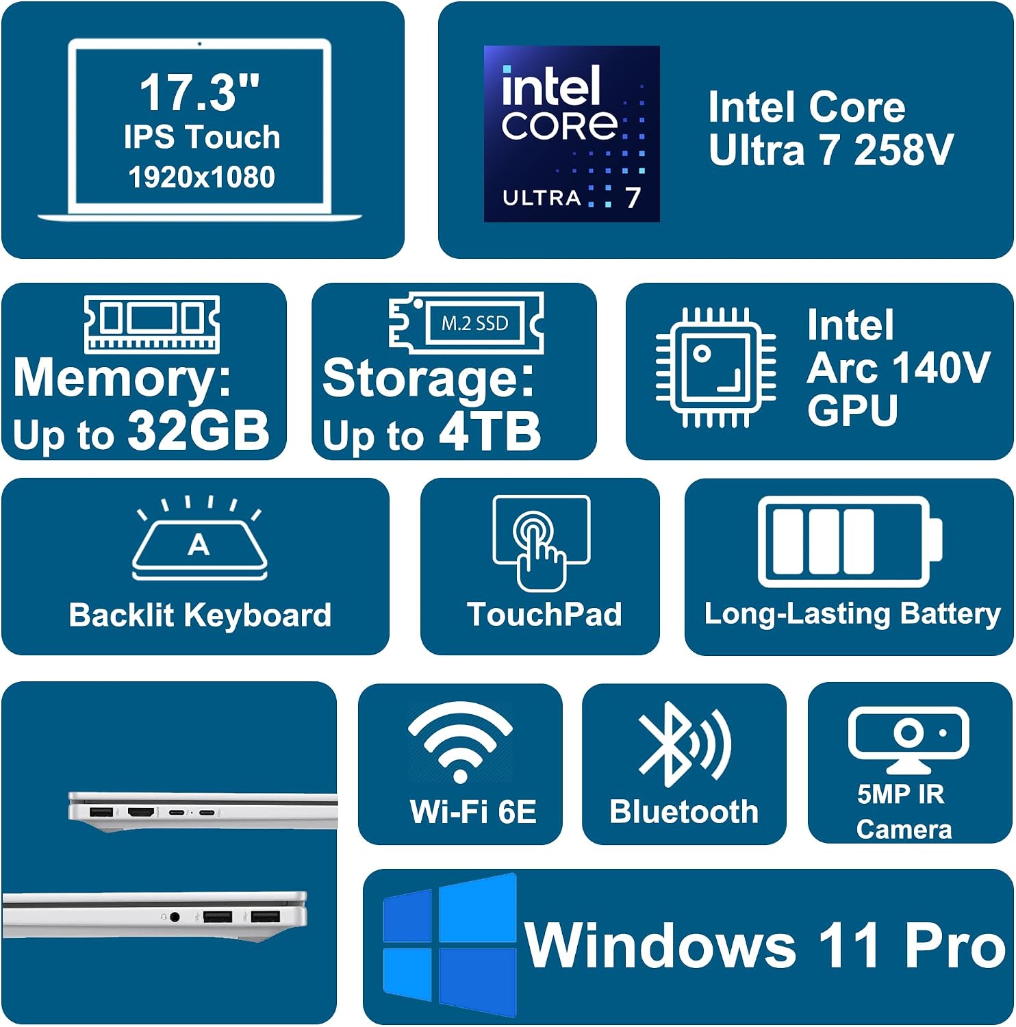 HP OmniBook 7 Laptop 17.3' FHD IPS Touch (400nits, 100% sRGB) Intel 8-core Ultra 7 258V (Up to 47 Tops) 32GB DDR5 2TB SSD for Creator Business Professional Backlit IR Camera Win11Pro ICP Hub