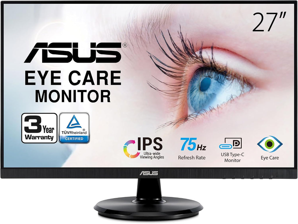 ASUS 27' 1080P Monitor (VA27DCP) - Full HD, IPS, 75Hz, USB-C 65W Power Delivery, Speakers, Adaptive-Sync/FreeSync, Eye Care, Low Blue Light, Flicker Free, VESA Mountable, Frameless, HDMI