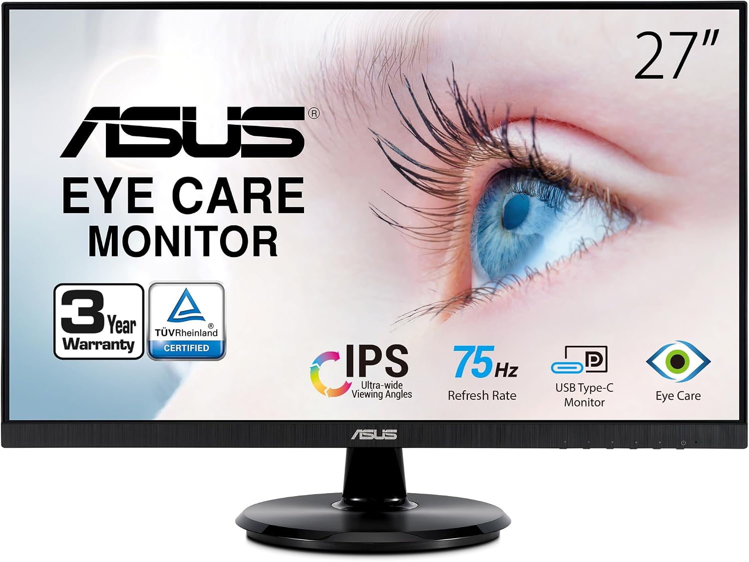 ASUS 27' 1080P Monitor (VA27DCP) - Full HD, IPS, 75Hz, USB-C 65W Power Delivery, Speakers, Adaptive-Sync/FreeSync, Eye Care, Low Blue Light, Flicker Free, VESA Mountable, Frameless, HDMI