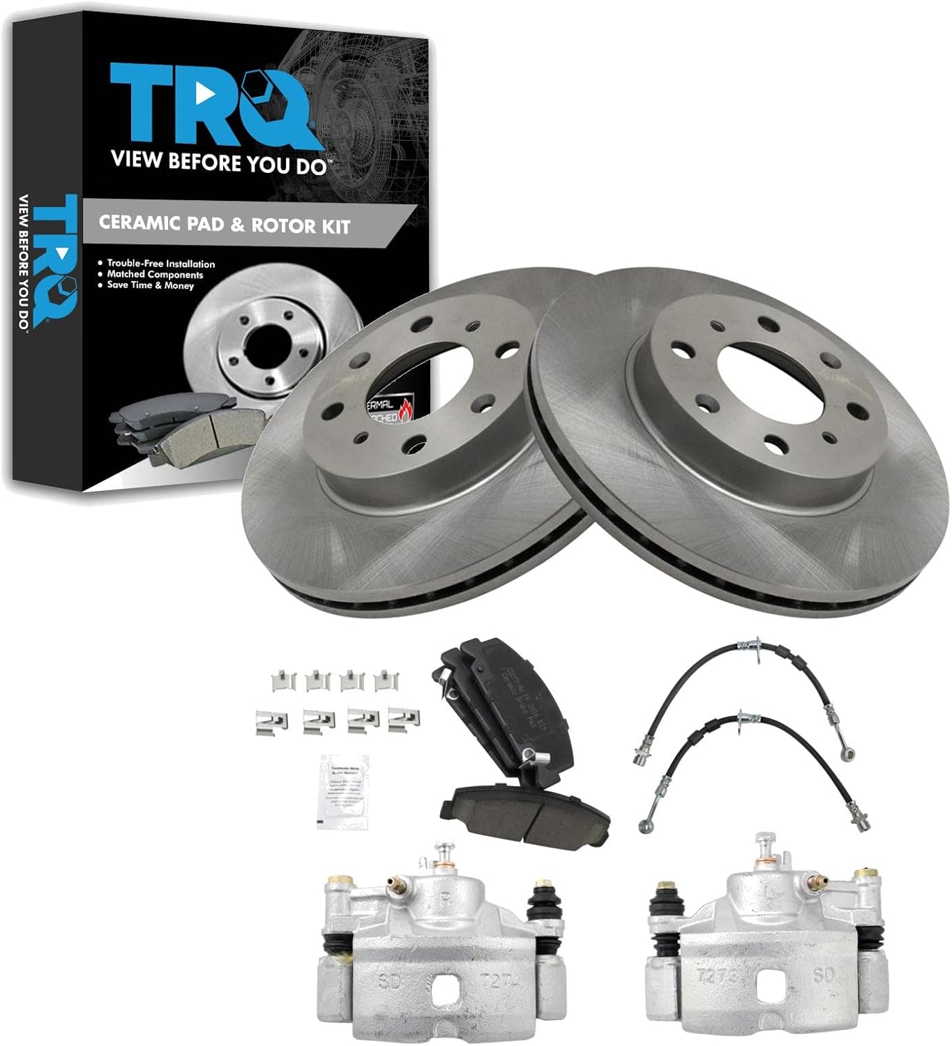 TRQ Front Brake Pad and Rotor Set Ceramic Vented Rotors Calipers Hoses Compatible with 1996-2000 Honda Civic