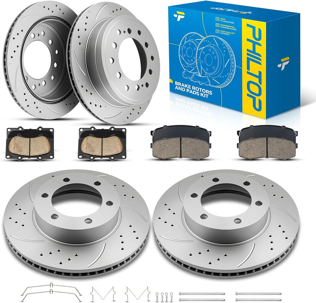 PHILTOP Front & Rear Brake Kit For 2002 2003 2004 2005 Toyota Sequoia, Drilled & Slotted Brake Rotors Ceramic Brakes Pads Replacement : 12.54' inch Front, 12.28' inch Rear Rotor