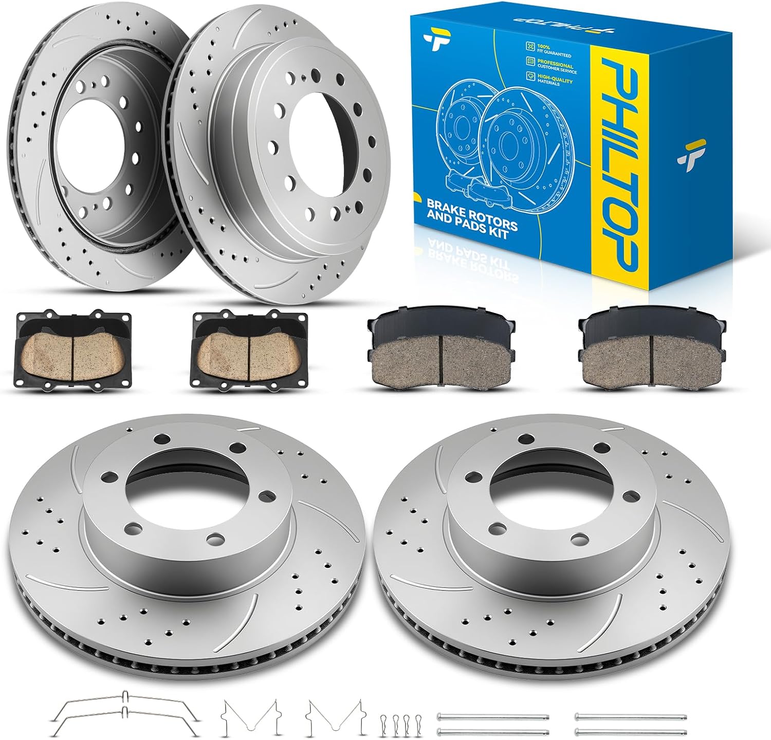 PHILTOP Front & Rear Brake Kit For 2002 2003 2004 2005 Toyota Sequoia, Drilled & Slotted Brake Rotors Ceramic Brakes Pads Replacement : 12.54' inch Front, 12.28' inch Rear Rotor