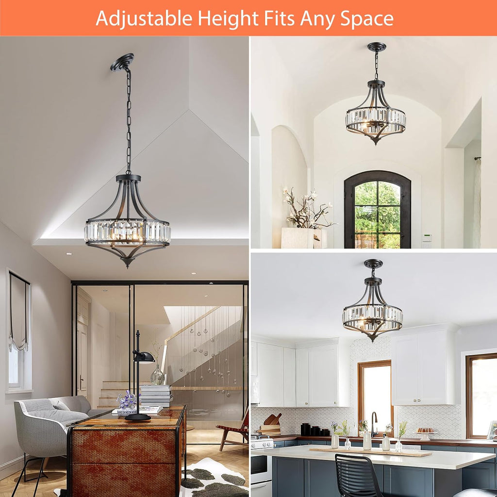 Black Crystal Chandeliers for Dining Room, Round Rustic Farmhouse Chandelier with Metal Shade 4-Light Modern Pendant Lighting for Hallway, Bedroom, Foyer
