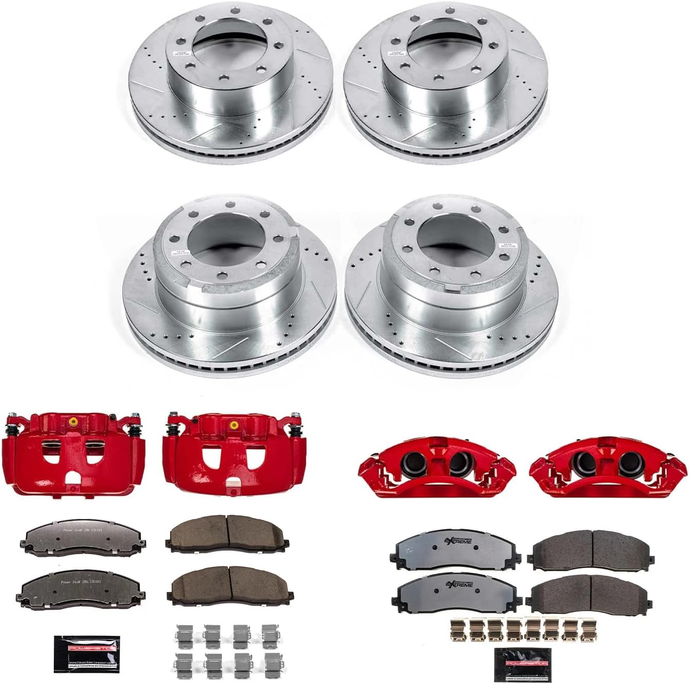 PowerStop Front and Rear Brake & Caliper Kit for Ford F-250 Super Duty 2012-22 | Ford F-350 Super Duty 2013-22 - Drilled & Slotted Disc Rotors + Z36 Brake Pads + Red-Powder Coated Calipers, KC6405-36