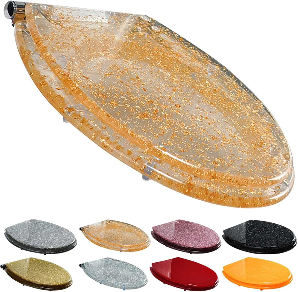 16.5 in Toilet Seat,Round Toilet Seat Cover Thicken Heavy Duty Non-Slip Toilet Lid Quick Release Easy Cleaning,Resin Toilet Seat with Adjustable Hinges,Silver，Gold Foil