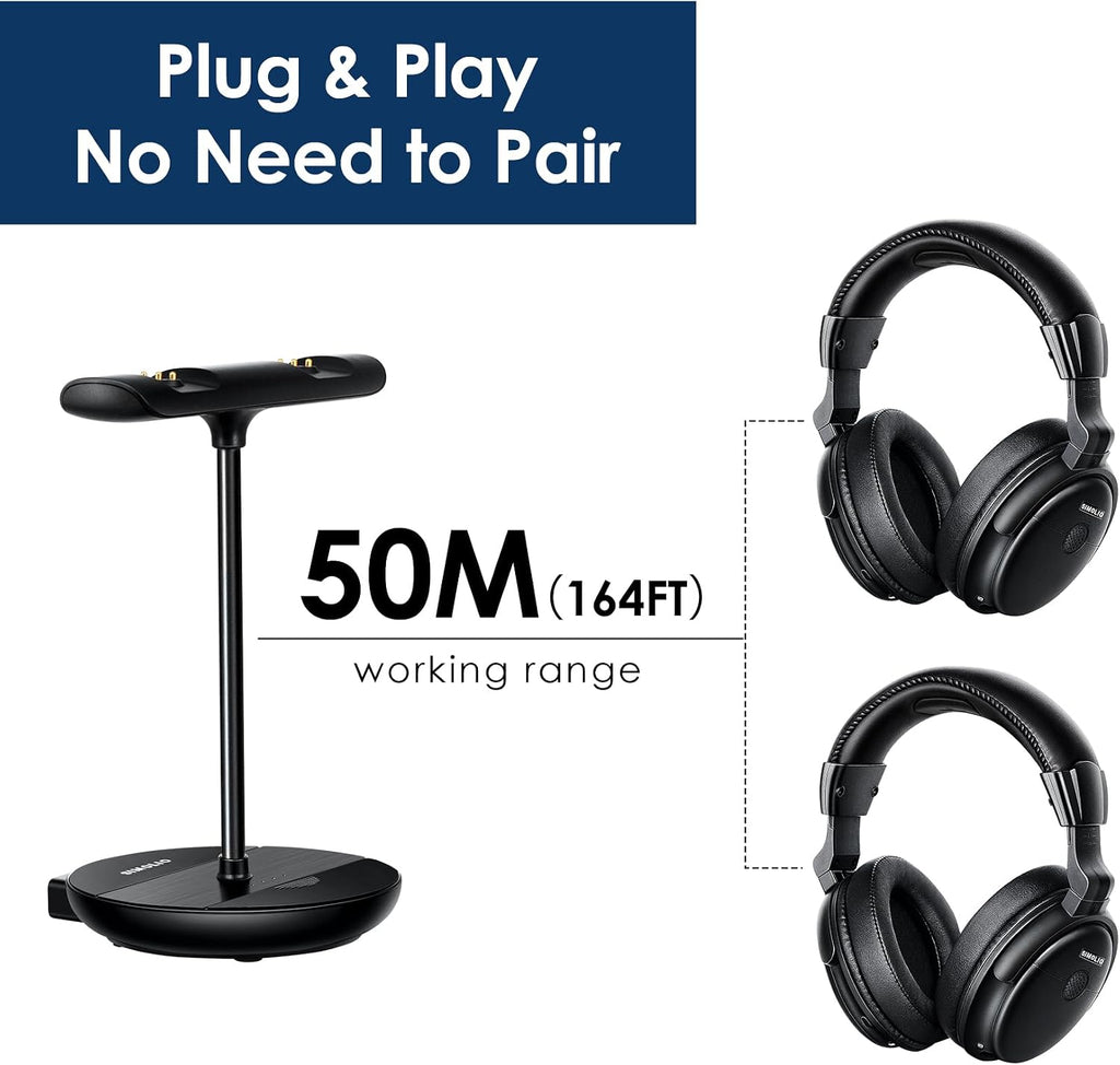 SIMOLIO Dual Wireless Headphones for TV Watching w/ 2.4G Transmitter & Charging Stand & Spare Battery, Dialog Clarifying, by-Pass, Tone & Balance Control, Clear Voice for Seniors, Long Range, SM829D2