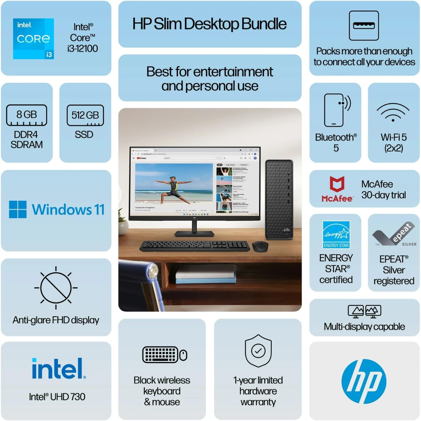 HP 27-inch Monitor, Slim Desktop Bundle, Intel Core i3-12100, 8GB RAM, 512GB SSD, Windows 11, Wireless Keyboard and Mouse, Full HD Display, Home and Office PC Setup