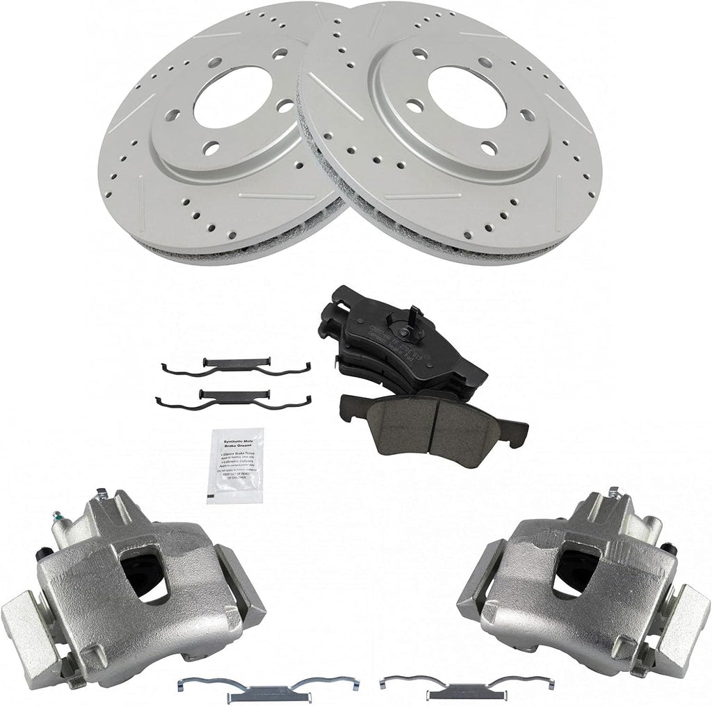 TRQ Performance Front Brake Pad and Rotor Set Ceramic Drilled Slotted Coated Vented Rotors Calipers Compatible with 2001-2007 Chrysler Town & Country 2001-2007 Dodge Caravan Grand Caravan