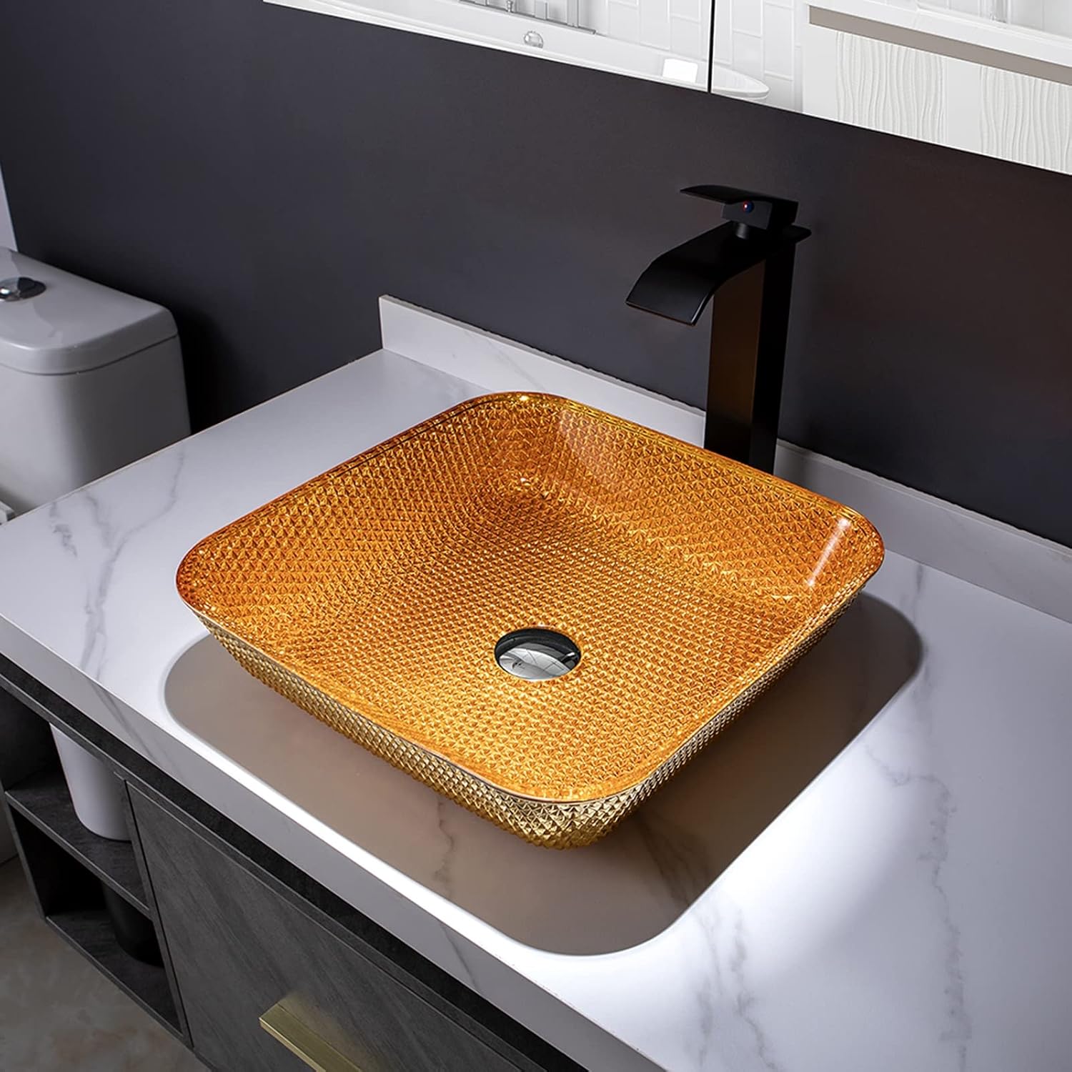 Bathroom Vessel Sink Crystal Glass Vessel Bowl Sink Square Vessel Sink Art Basin Counter Top Installation Bathroom Vanity Sinks with Brass Pop Up Drain-Gold (Gold)