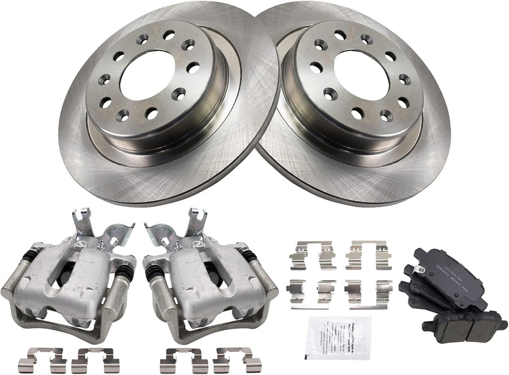 TRQ Rear Brake Pad & Rotor Kit Brake Caliper Brake Pads Brake Rotor Ceramic Solid Compatible with 2016 Chevrolet Malibu