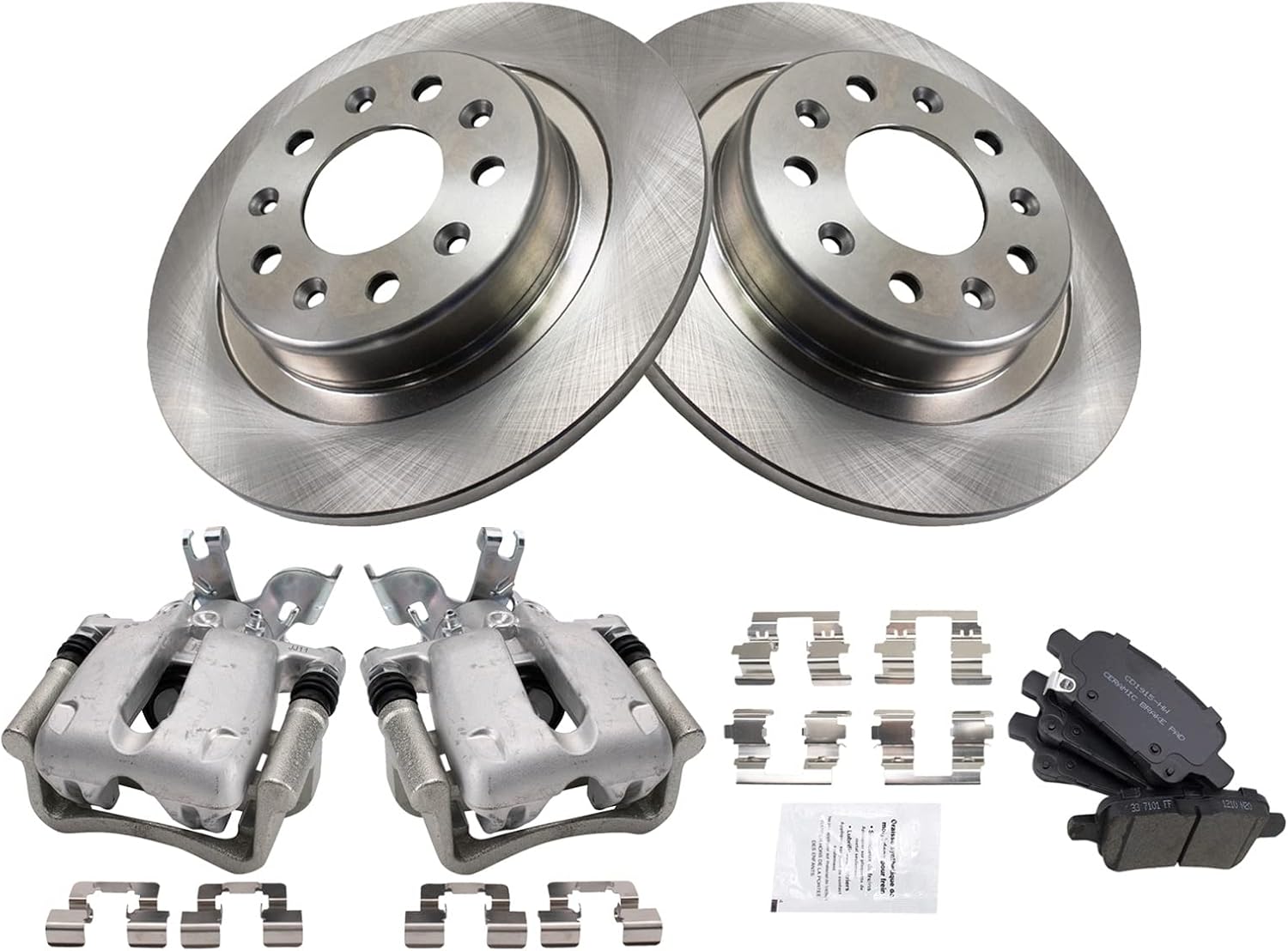 TRQ Rear Brake Pad & Rotor Kit Brake Caliper Brake Pads Brake Rotor Ceramic Solid Compatible with 2016 Chevrolet Malibu