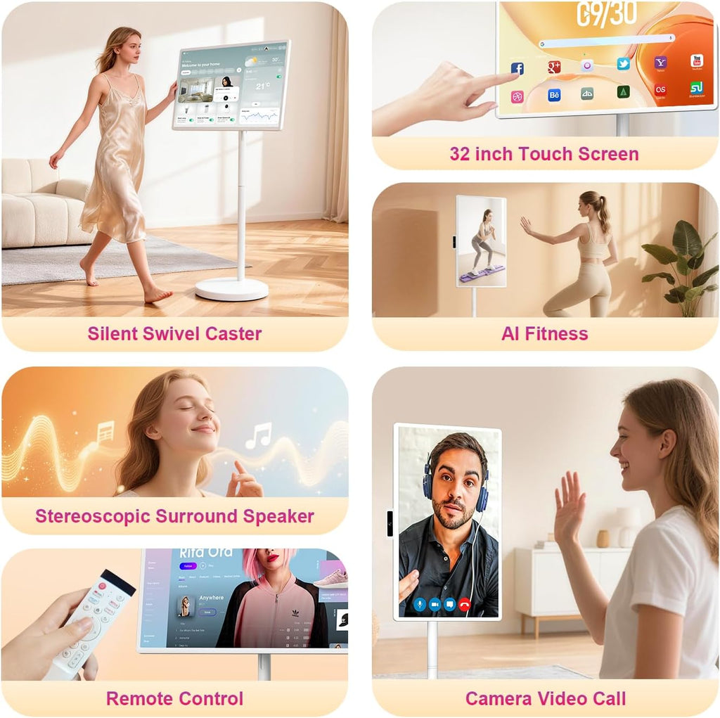 VLH 32″ FHD Smart Portable TV, Rolling TV On Wheels,8G +128GB Storage, Android 15 OS,Google EDLA-Certified,Portable Touch Screen Monitor,Built-in 38400mAh Battery,Removable 500W Camera, Remote Control
