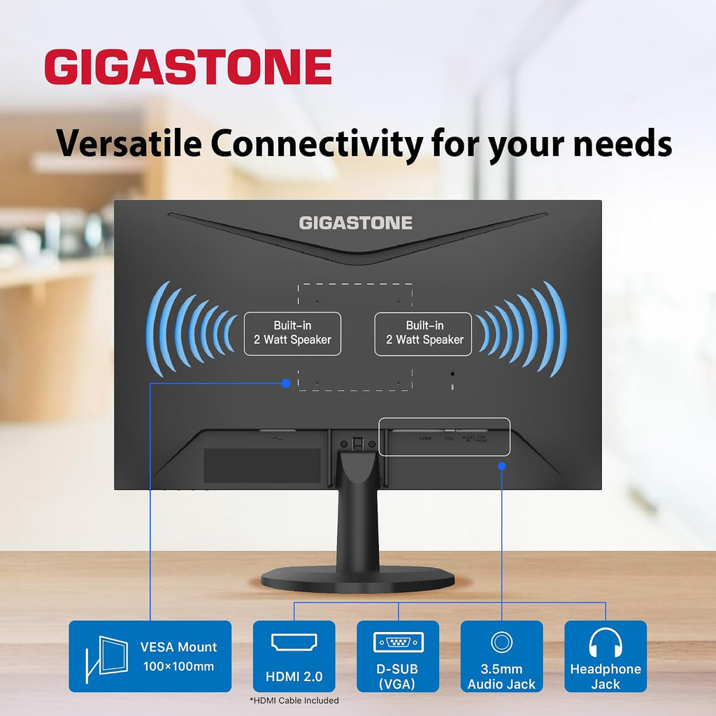 Gigastone 24 inch IPS LED Back Light Monitor 75Hz FHD 1920 x 1080, 1080P 178° Wide View Frameless Computer Monitor 5ms, Built-in Speakers, Eye Care Technology, Ergonomic Tilt VESA Mount, HDMI VGA