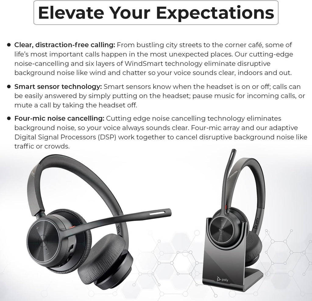 Poly Voyager 4320 UC Wireless Headset & Charge Stand - Stereo Headphones with Noise-Canceling Boom Mic + Charging Station + USB-C to A Adapter + USB C Dongle + USB A-C Cable + Pouch + Microfiber Cloth