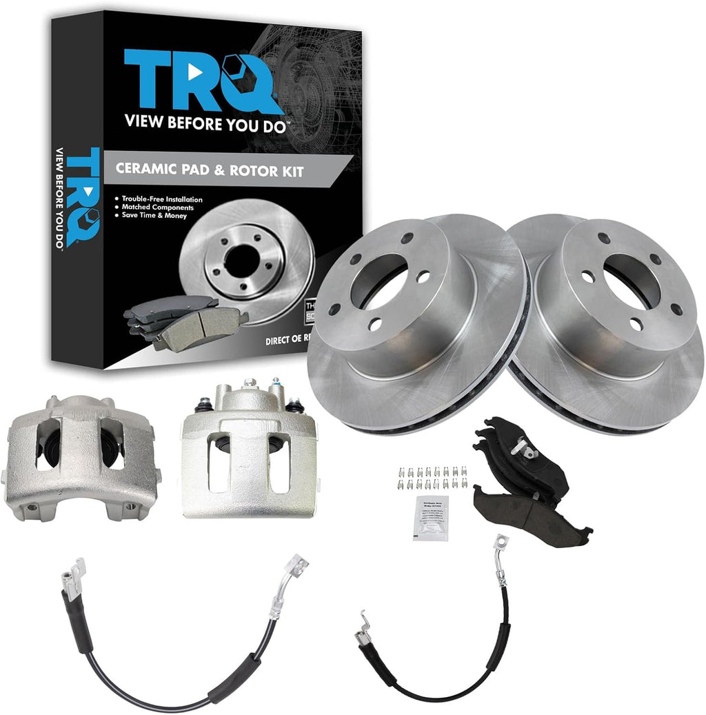 TRQ Front Brake Pad and Rotor Set Ceramic Calipers Hoses Compatible with 1990-1999 Jeep Cherokee 1990-1992 Comanche 1990 Wagoneer 1993-1998 Grand Cherokee 1997-1999 Wrangler
