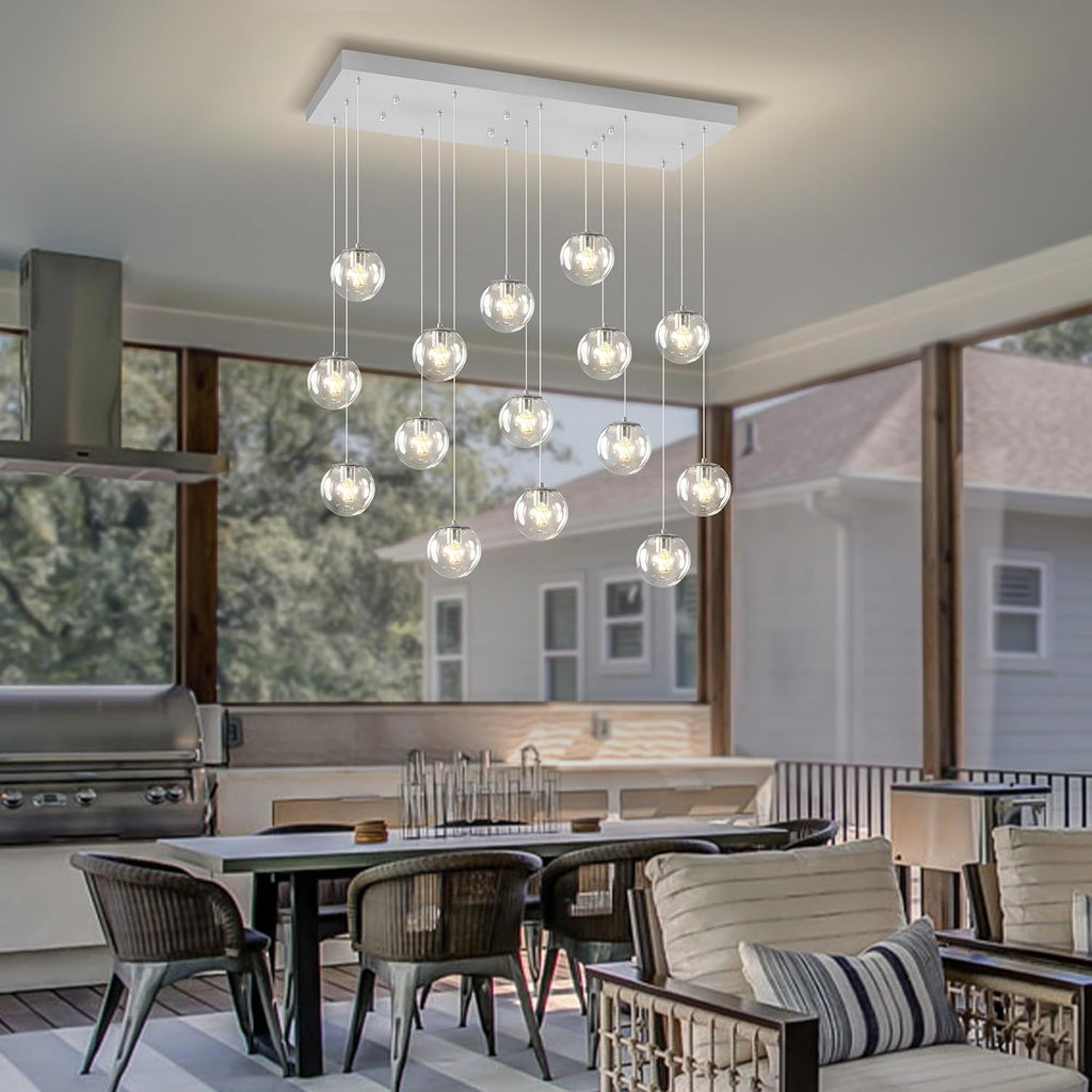 ykolupty Glass Chandelier LED Modern Silver Pendant Light Globe Ceiling Light H157 Glass Ball Chandeliers for Staircase Living Room Hotel Hallway Foyer Entryway (16 Lights-Rectangle Chandeliers)