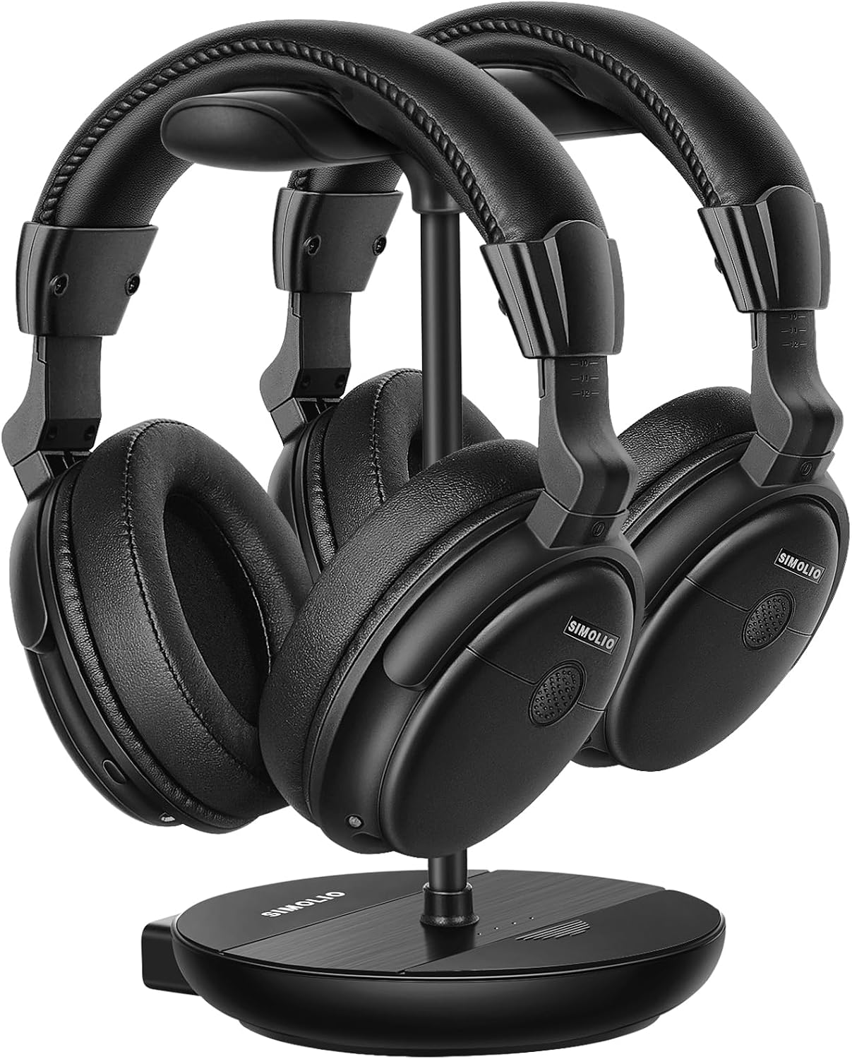 SIMOLIO Dual Wireless Headphones for TV Watching w/ 2.4G Transmitter & Charging Stand & Spare Battery, Dialog Clarifying, by-Pass, Tone & Balance Control, Clear Voice for Seniors, Long Range, SM829D2