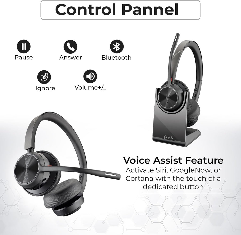Poly Voyager 4320 UC Wireless Headset & Charge Stand - Stereo Headphones with Noise-Canceling Boom Mic + Charging Station + USB-C to A Adapter + USB C Dongle + USB A-C Cable + Pouch + Microfiber Cloth