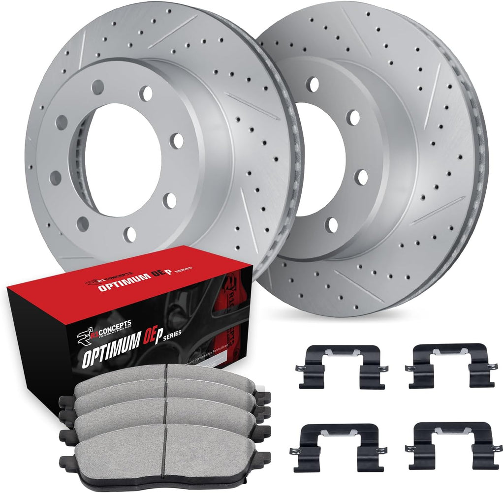 R1 Concepts Front Brake Kit Fits 2020-2024 Chevrolet Silverado, GMC Sierra| Optimum Oep Pads, Drilled Slotted Rotors| Hardware| 14.0' Front